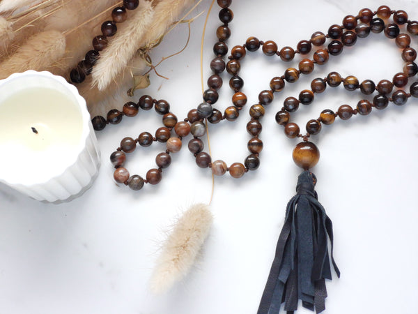 Tiger Eye, Red Tiger Eye and  Agate Mala Necklace